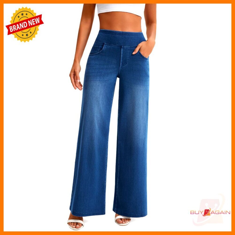Wide Leg Jeans High Waisted Stretchy Elastic Waist Pull On Baggy Denim